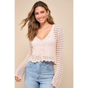 Lulus Stellar Sweetie Blush Pink Pointelle Knit Cropped Cardigan - Size S